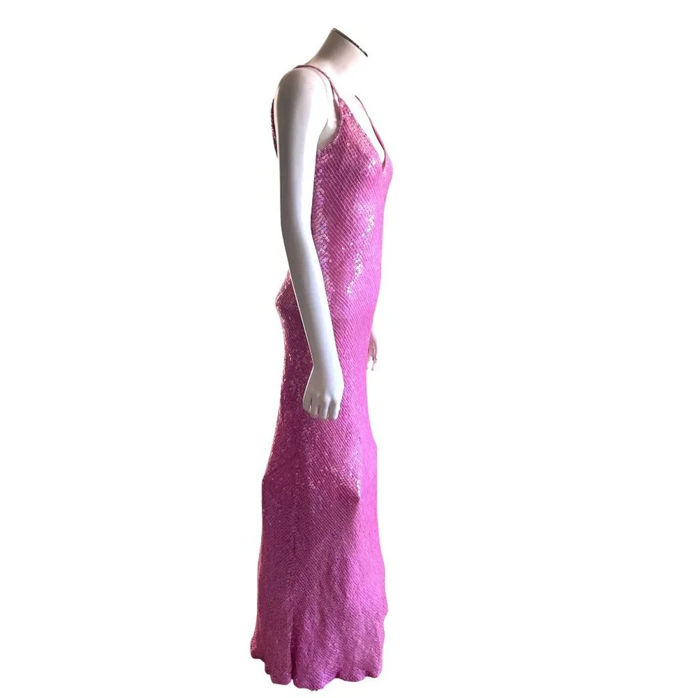 Scala Small Pink Silk Sequin Bias Cut Gown V Back Barbiecore Y2K Vintage Evening - Picture 3 of 11